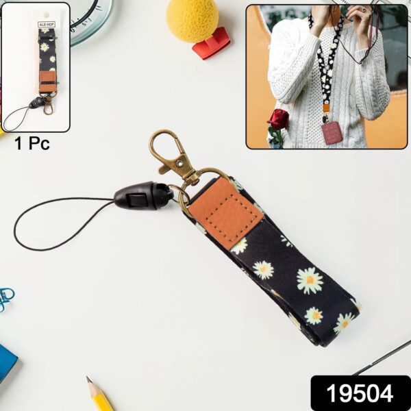 Floral Print Neck Lanyard Strap with Clip Hook & Mobile String (1 Pc)